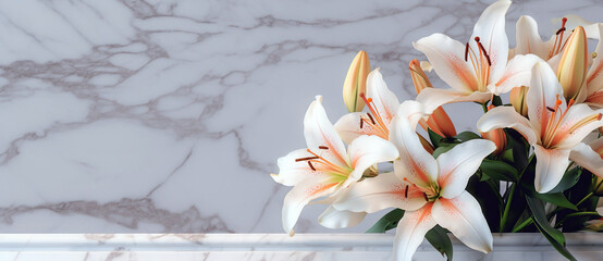 Beautiful white flowers, lilies , over marble background. Bouquet of flowers at cemetery , funeral concept.