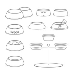 Set of pet bowls. Black and white bowls for cat or dog. Vector