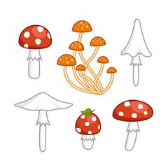 Set of inedible, toxic mushrooms. Amanita, death cup. Cartoon, vector