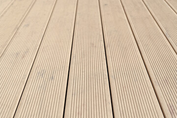 High angle view on patio boards from wood plastic composite - 619579864