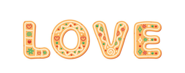 Word Love. Lettering Xmas by Christmas cookie font. Gingerbread. Vector