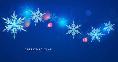 Merry Christmas and Happy New Year design with snowflakes and lights. Shining winter background.