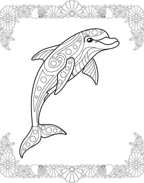 Bottlenose dolphin, sea animal - vector linear picture for coloring. Outline. Dolphin in sea frame coloring page