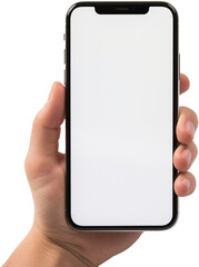Eine Hand hält ein Smartphone vor einem transparenten Hintergrund, generative KI