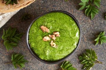 Pesto sauce made of goutweed or ground elder plant in spring