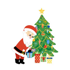 Santa Claus is putting gifts under Christmas tree. Santa. Present. Fir tree. Flat, cartoon, vector