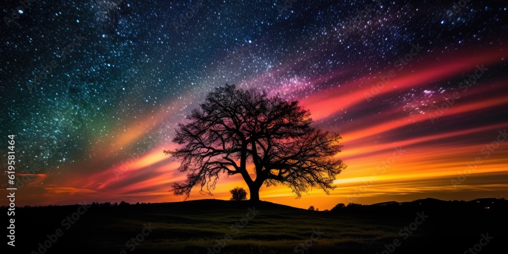 Poster tree silhouette on a hill with colorful swirling galaxy in the sky. generative ai aig27.