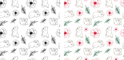 Drawn vector pattern with flowers and bears. Kartun. Children's fabric pattern. Gift wrapping paper. Seamless fabric print. Background. Bear. Cute. Children's holiday.