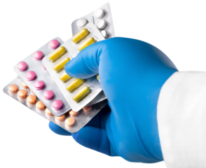 Online pharmacy. Home delivery of medicines. Smartphone and hand holding pills. Drug delivery.