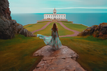 illustration of a woman/book character in formal clothes overlooking the coastline looking lost/sad/thoughtful reminding of Scottish landscapes