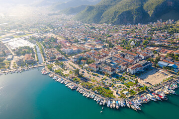 Naklejka premium Resort town Fethiye in Turkey on Aegean sea, aerial shot
