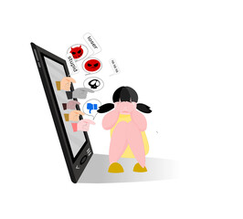 Cyber Bullying.Girl sitting and crying in front of the phone.Young are disliked, make negative comments, ridicule, satire, heartbreaking, stressful, and depressed.Online violence in social media.