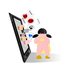 Cyber Bullying.Girl sitting and crying in front of the phone.Young are disliked, make negative comments, ridicule, satire, heartbreaking, stressful, and depressed.Online violence in social media.