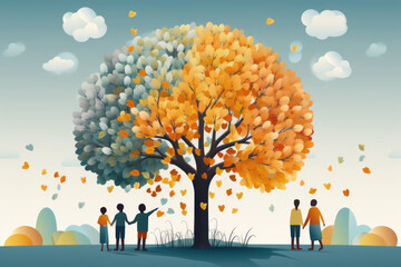 Blue and Orange tree with heart shaped leaves - mental health in old age - generative ai