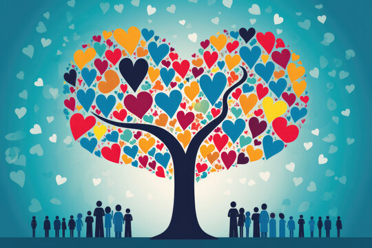 Colorful tree with heart shaped leaves - strength of community support - mental health - generative ai