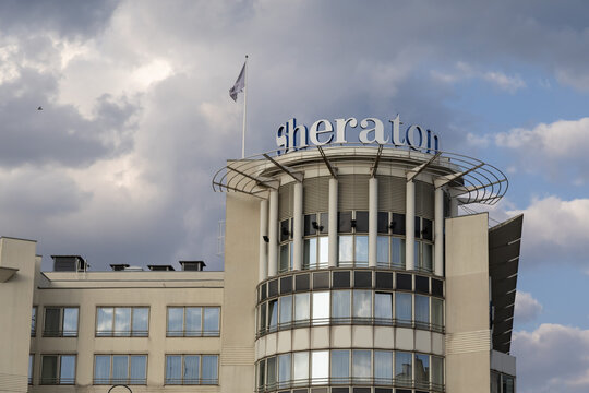 Warsaw, Poland - July 3, 2023: View of the Sheraton Hotel logotype
