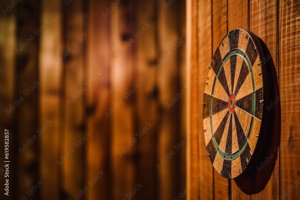 Poster dart board positioned against a wooden background, circular sectors of different colors, each representing a specific point value