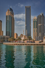 United Arab Emirates, Dubai Marina skyline cityscape from the bay.