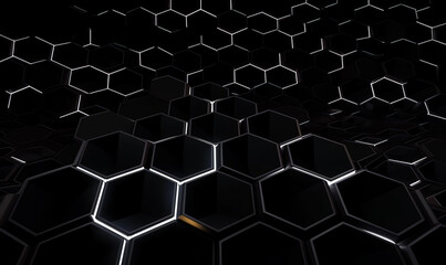 White hexagons on the black backdrop. Geometric ornament repeating bee wax honeycombs. Generative AI.