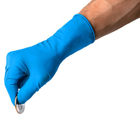Doctor hand in medical gloves with coin