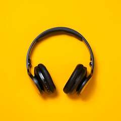 Fototapeta na wymiar Wireless black headphones on yellow backdrop. Modern gadget close up. Generative AI.