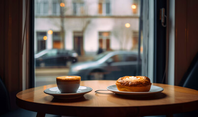 A cup of cappuccino and a pastry on the saucer. A snack on the wooden table in cafй. Street and cars at backdrop in blur. Generative AI.