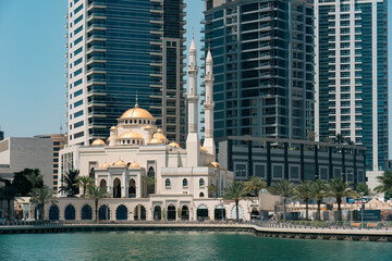 United Arab Emirates, Dubai Marina skyline cityscape from the bay.