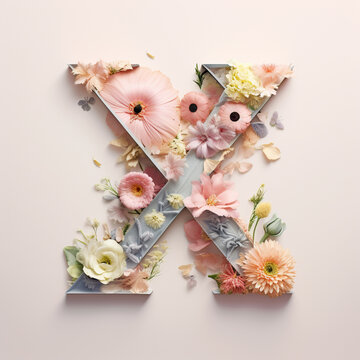 Floral Typography of the Letter X - Beautiful Pastel Flowers Arranged over a Wooden "X" with Calm, Muted Colors - Generative AI
