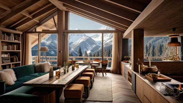 The interior design of modern wooden chalet living area with dining space in alps mountain view. Generative AI AIG27.