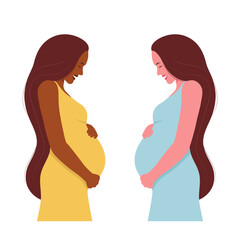 Set of two happy pregnant women hugging their bellies. Vector illustration in flat style.