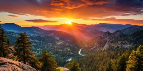 Naklejka na ściany i meble Mountain Majesty: Embracing a Summer Sunset in the Rockies - Nature's Canvas of Fiery Splendor Generative Ai Digital Illustration