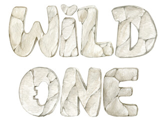 Wild one, text drawn in watercolor. Lettering, textured stone surface.