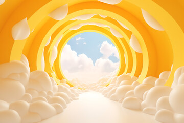 Fototapeta premium 3d render, abstract minimal yellow background with white clouds flying out the tunnel