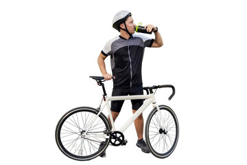 Obraz premium A cyclist in a cycling suit, a man drinks water, training a bicycle. Transparent background, isolate.