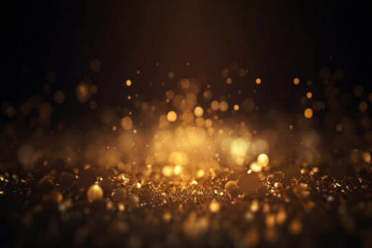 Golden glitter particles on a dark backdrop with bokeh lights and abstract Twinkly Lights. Shiny texture for festive celebration and luxury party. AI Generative.