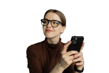 lawyer is a young woman with glasses, answers the client to a message on the phone, a kind person smiles. Transparent background, png.