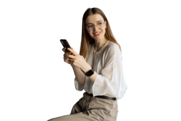  financier is a young woman with glasses, answers a message to the client on the phone, a kind person smiles. Transparent background, png.