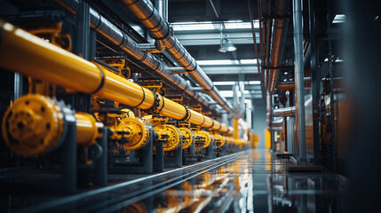 Obraz premium Industrial area. Steel pipelines valves and pumps in huge factory building