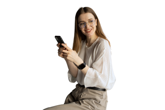 financier is a young woman with glasses, answers a message to the client on the phone, a kind person smiles. Transparent background, png.
