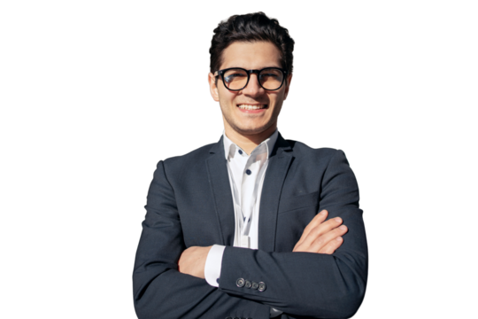 Portrait of a young entrepreneur smiling with glasses, an office employee in a suit, a male assistant sales manager. Transparent background, png.