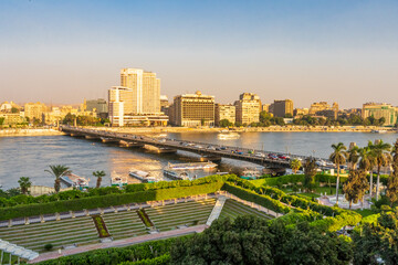 Nile river at sunset in Cairo, Egypt.  Travel and holidays.