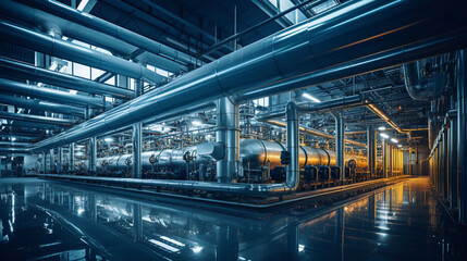 Fototapeta premium Industrial area. Steel pipelines valves and pumps in huge factory building