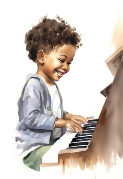 Young boy happily plays a piano at school.