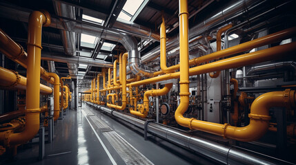 Industrial area. Steel pipelines valves and pumps in huge factory building