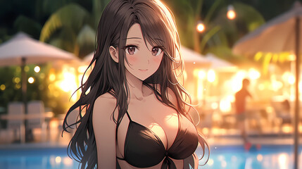 Obraz premium hand drawn cartoon anime cool swimsuit girl illustration in summer 