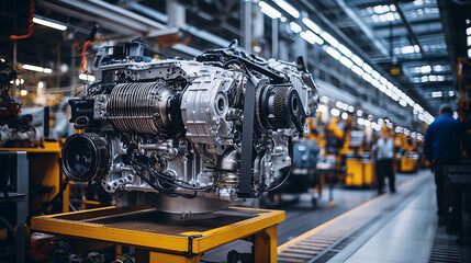 Fototapeta premium Industrial area. Steel pipelines valves and pumps in huge factory building