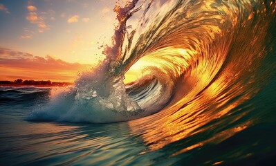 Surfing ocean wave on sunset background. 3D Rendering