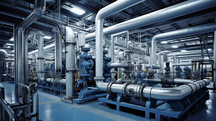 Industrial area. Steel pipelines valves and pumps in huge factory building