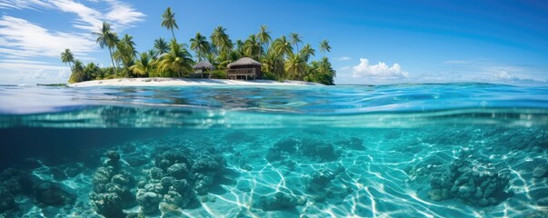 Tropical island with palm trees underwater, panoramic view