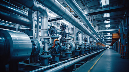 Obraz premium Industrial area. Steel pipelines valves and pumps in huge factory building